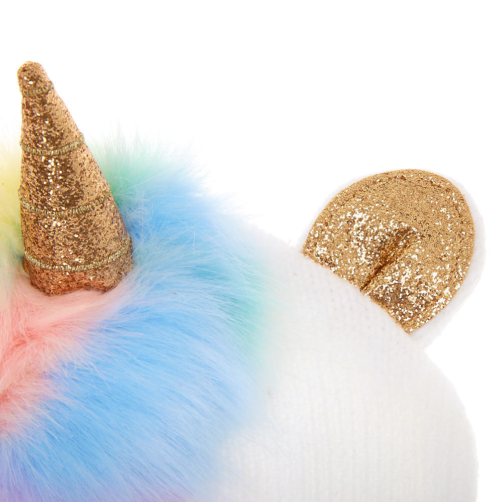 Bonnet blanc licorne décoré de fausse fourrure arc-en-ciel,
