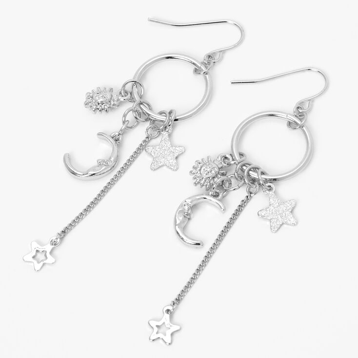 Silver 3&#39;&#39; Celestial Icons Drop Earrings,