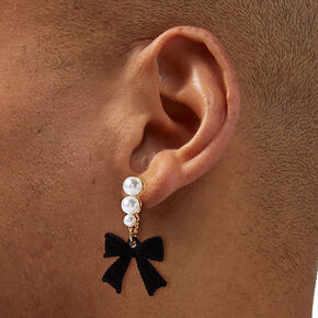 White Pearl &amp; Black Velvet Bow Drop Earrings,