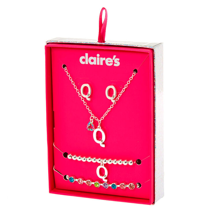 Claire's Coffret cadeau parure de bijoux à initiale Q arc-en-ciel couleur argenté - Lot de 4