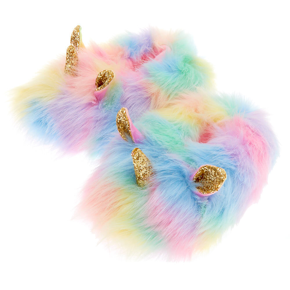 Faux Fur Rainbow Unicorn Slippers 