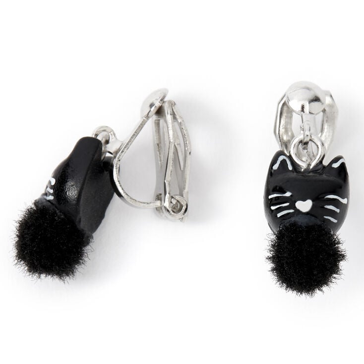 Silver Cat Pom Pom Clip-On Earrings - Black,