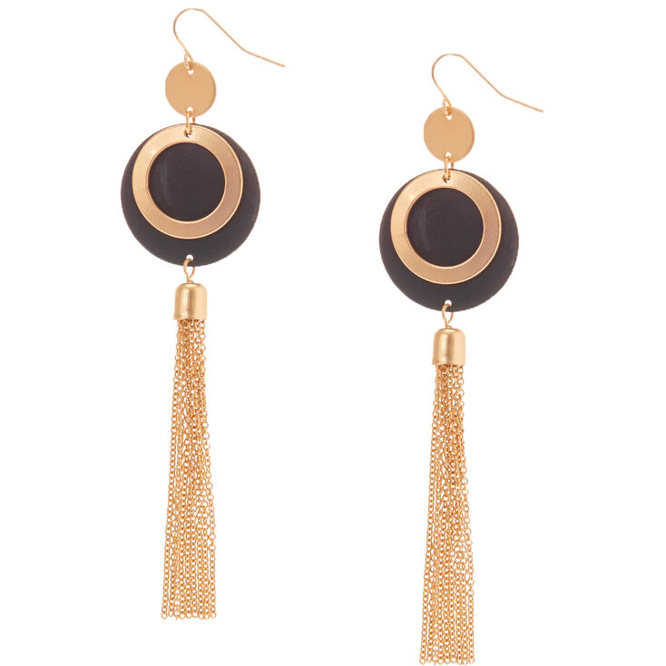 Gold 4&quot; Double Disc Chain Drop Earrings - Black,