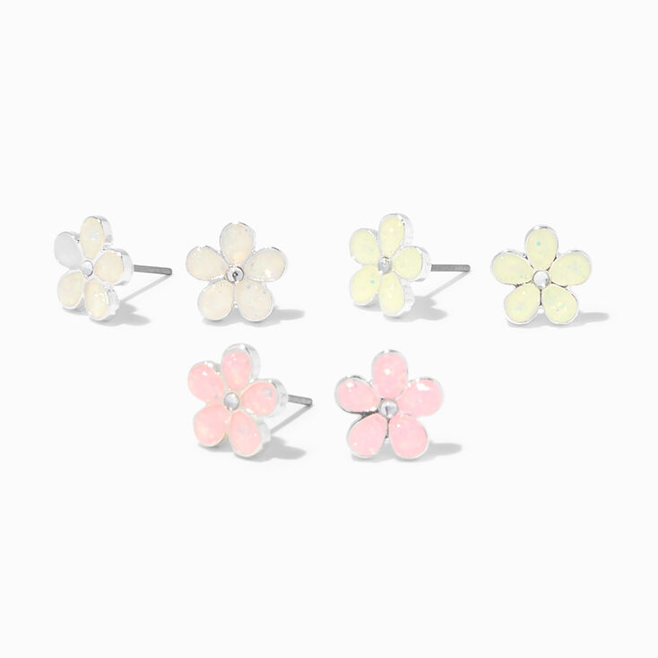 Silver UV Color-Changing Flower Stud Earrings - 3 Pack
