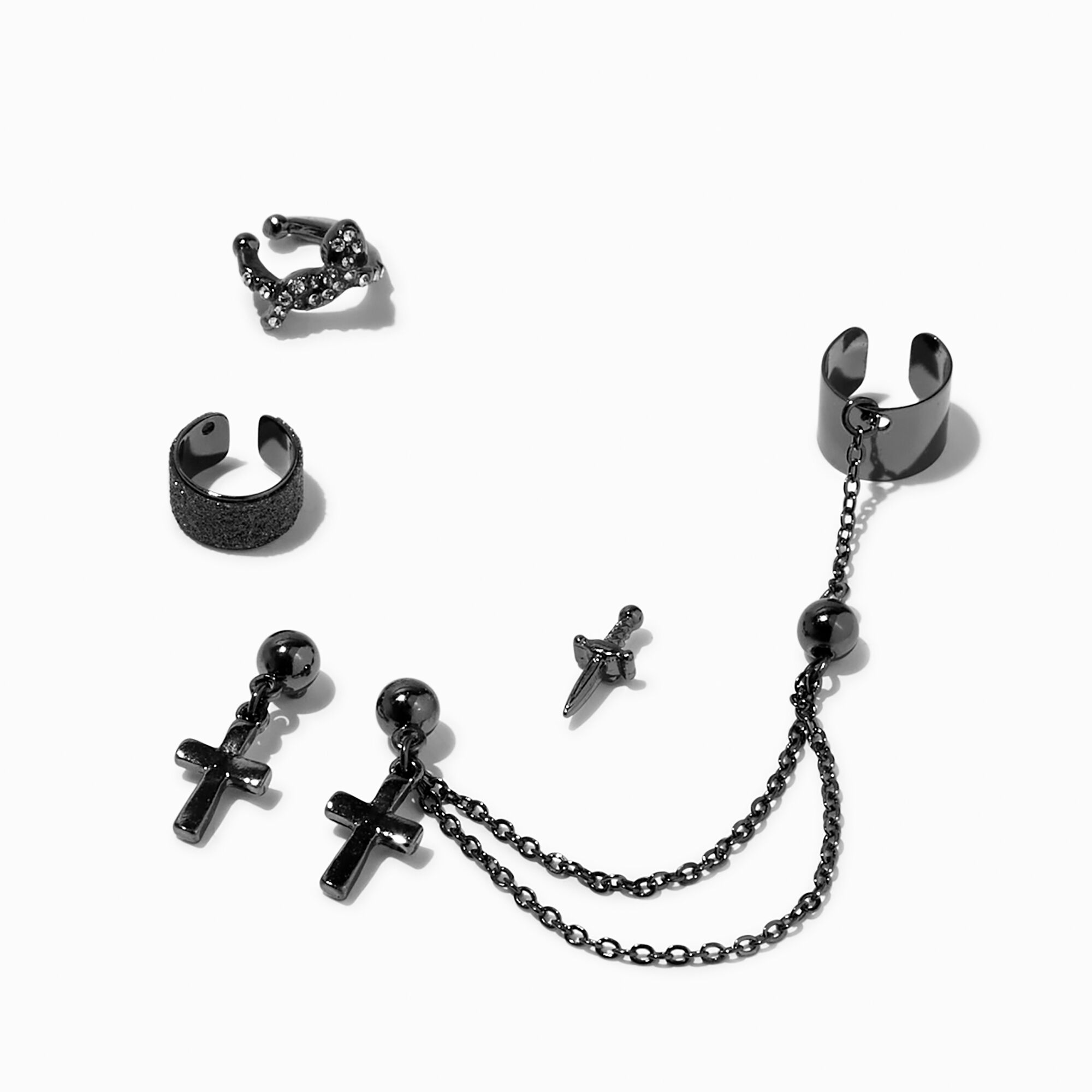 View Claires Sword Cross Cuff Earrings Stackables 5 Pack Black information