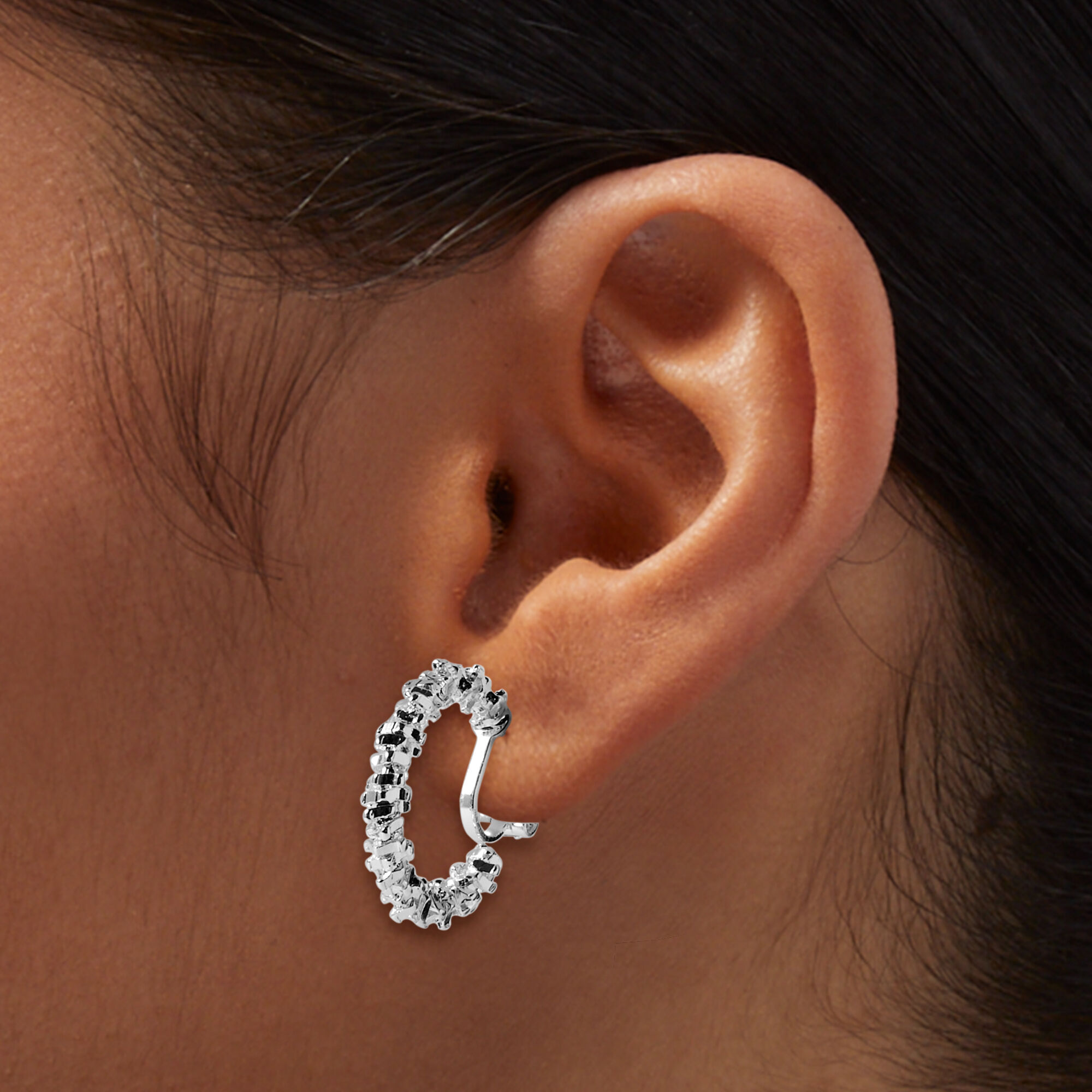 Silver tone Crystal Geometric Clip On Hoop Earrings 3 Pack Claire s