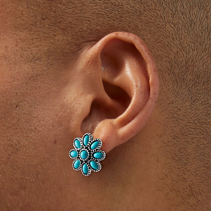 Clous d&#39;oreilles couleur argent&eacute;e cowgirl fleur turquoise d&#39;imitation,