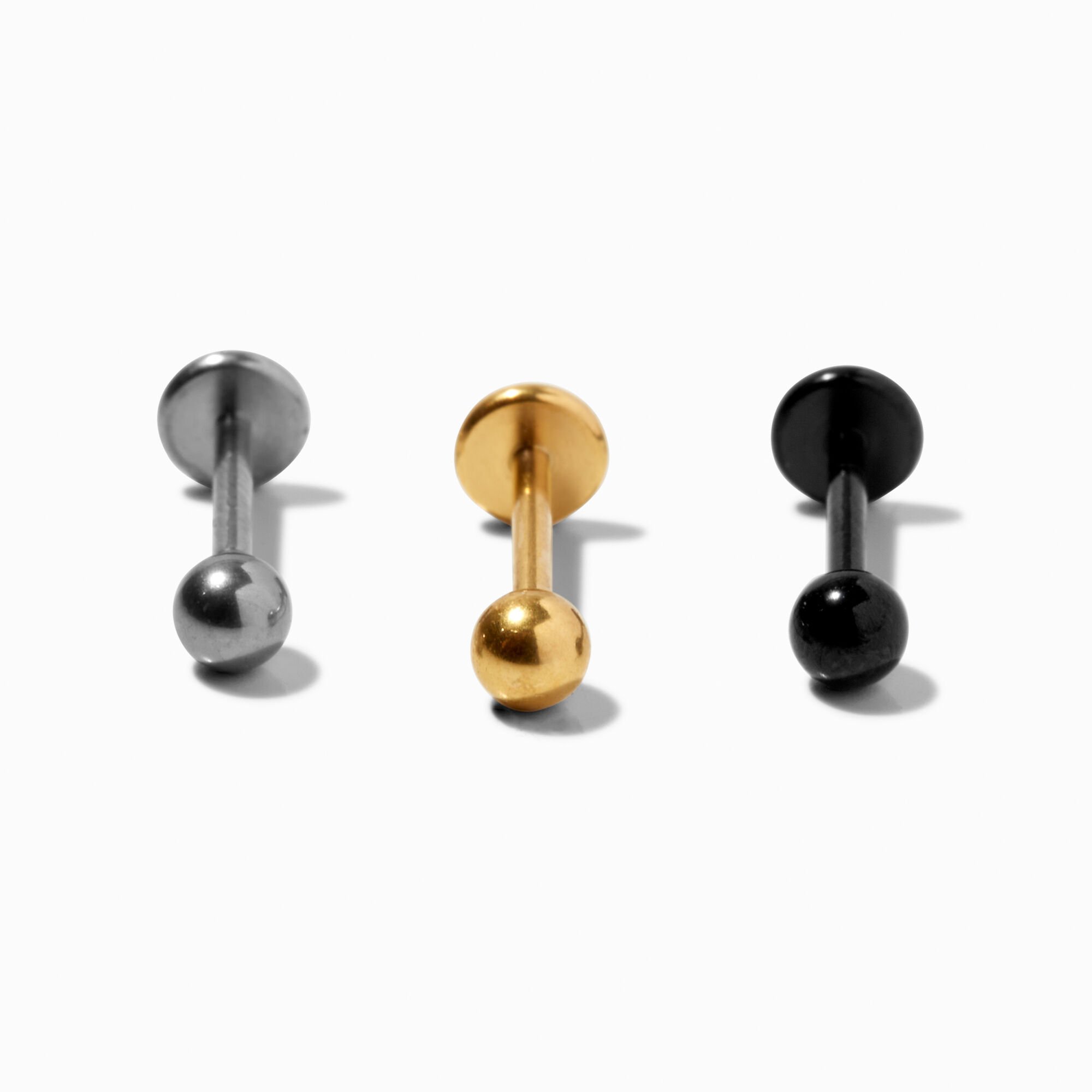View Claires Mixed Metals Titanium 18G Flat Back Tragus Stud Earrings 3 Pack Gold information
