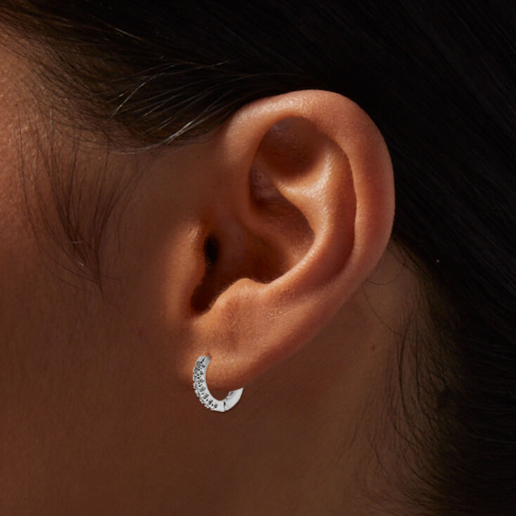 Silver-tone Cubic Zirconia 10mm Stacked Huggie Hoop Earrings,