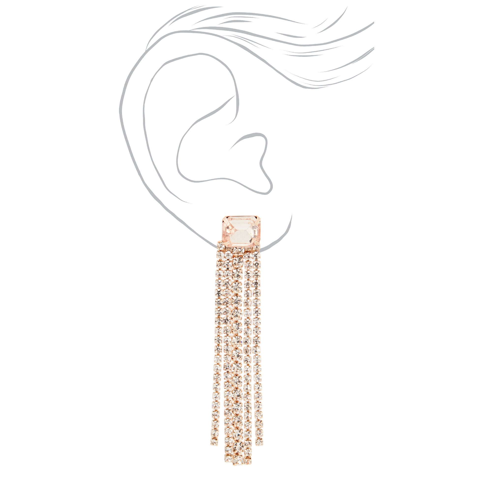 Pendantes 8 cm à franges linéaires avec strass carrés couleur doré rose,