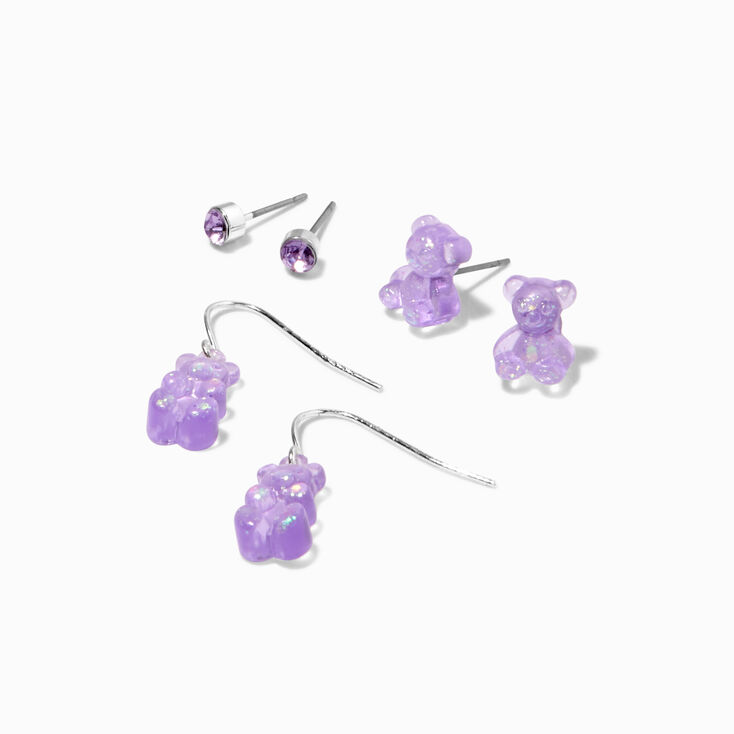 Silver 1&#39;&#39; Glow In The Dark Purple Gummy Bears&reg; Earrings Set - 3 Pack,