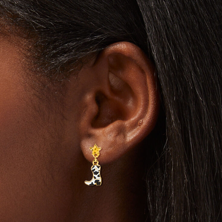 18K Gold Plated Cow Print Cowgirl Boot Drop Earrings,