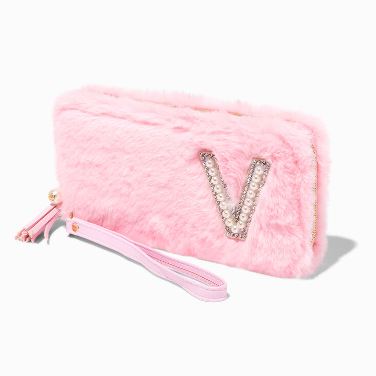 Pink Furry Pearl Initial Wristlet Wallet - V,
