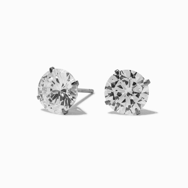 C LUXE by Claire&#39;s Silver-tone Titanium Cubic Zirconia 8mm Round Stud Earrings,