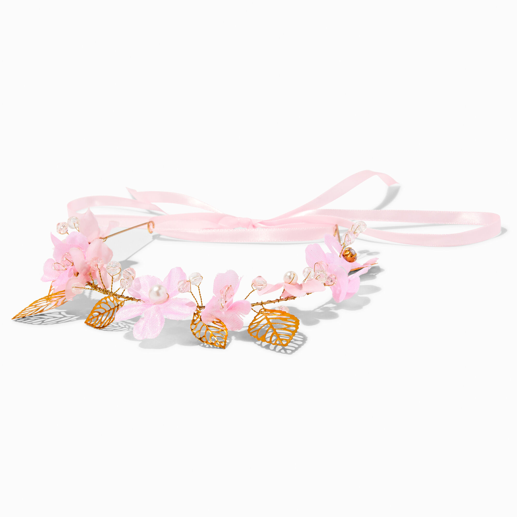 View Claires Gold Metallic Flower Crown Tie Headwrap Pink information