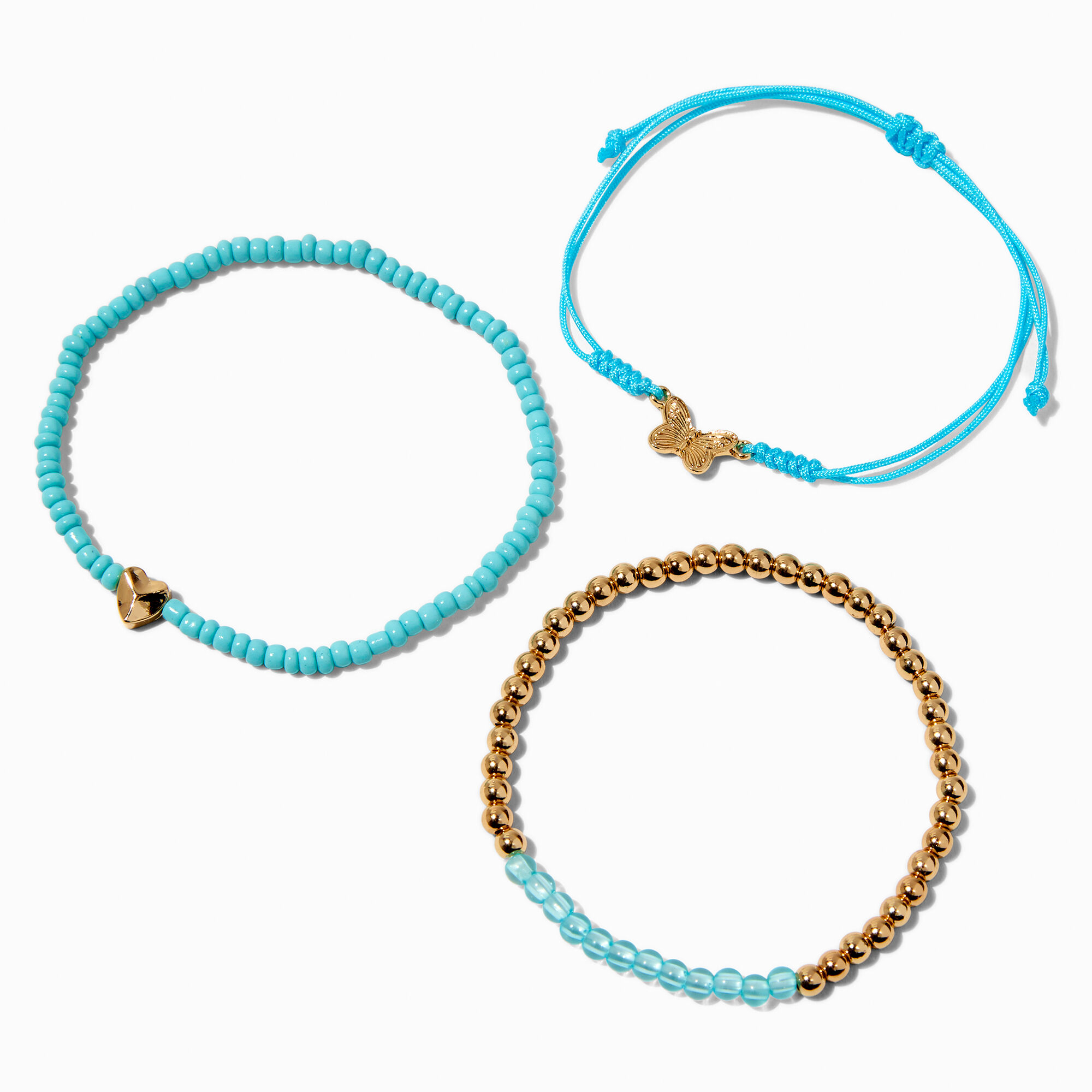 View Claires Butterfly Heart Beaded Bracelet Set 3 Pack Turquoise information