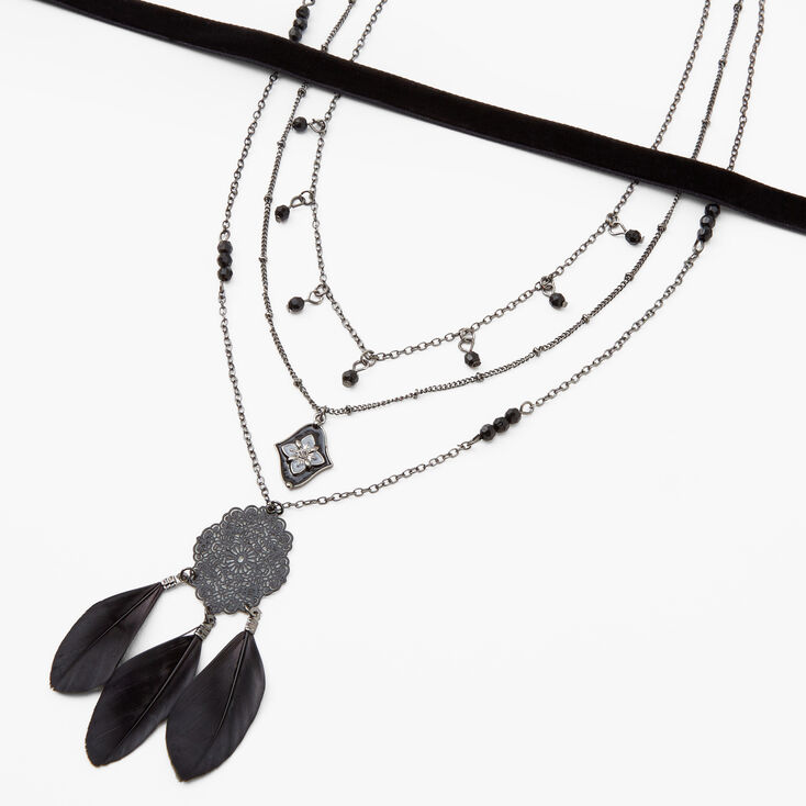 Black Filigree &amp; Feather Multi-Strand Necklace &amp; Choker Set - 2 Pack,