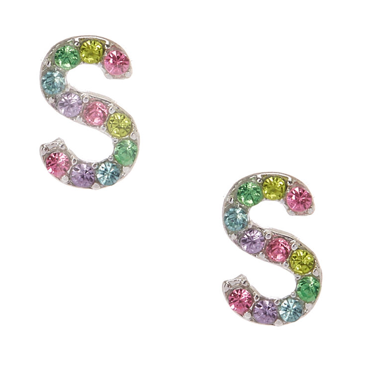 Silver Tone Pastel S Initial Stud Earrings Claire Us Silver Tone Pastel S Initial Stud Earrings