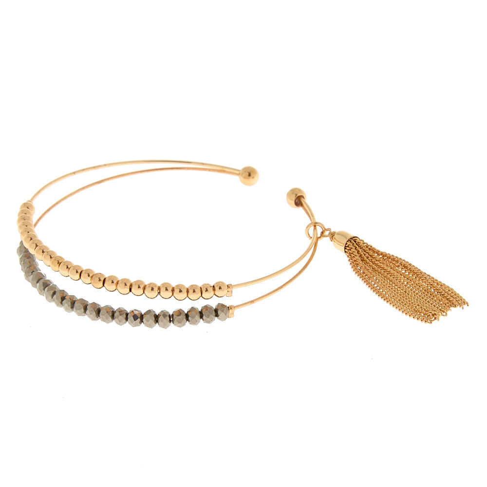 Gold Beaded Tassel Cuff Bracelet - Silver,