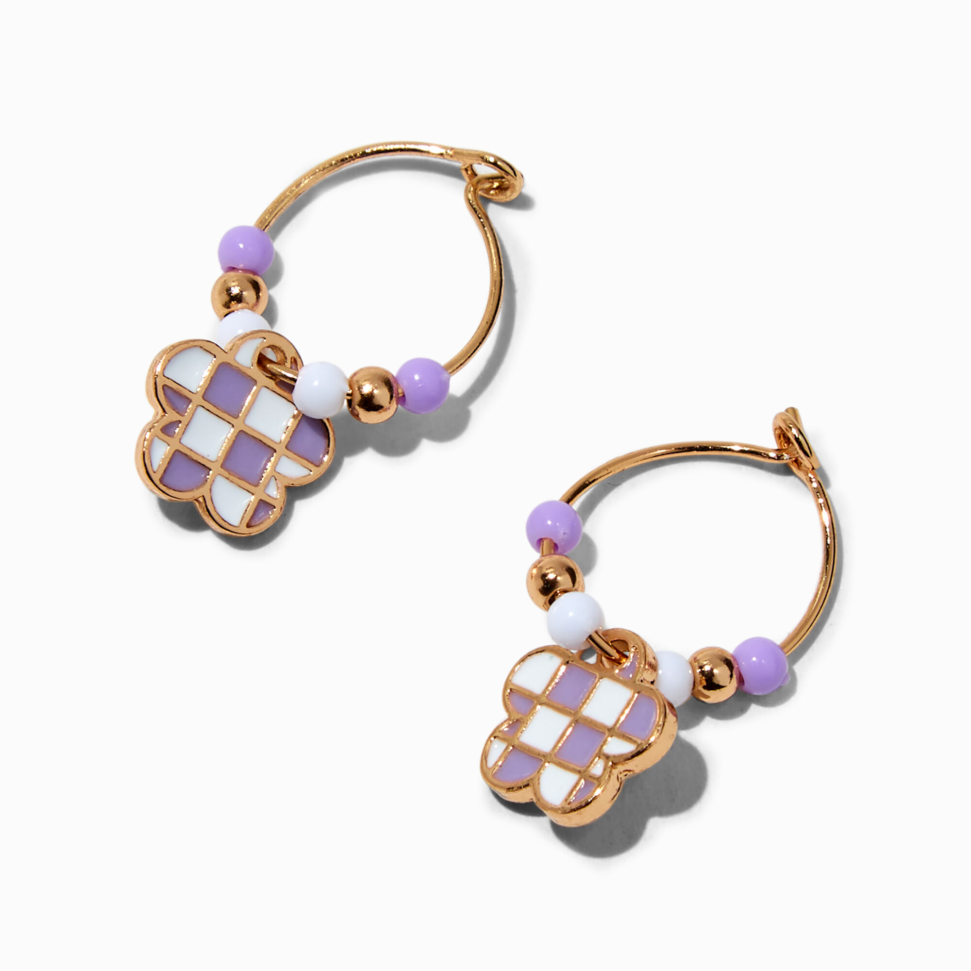 View Claires Glow In The Dark Checkered Flower Beaded Hoop Earrings Purple information