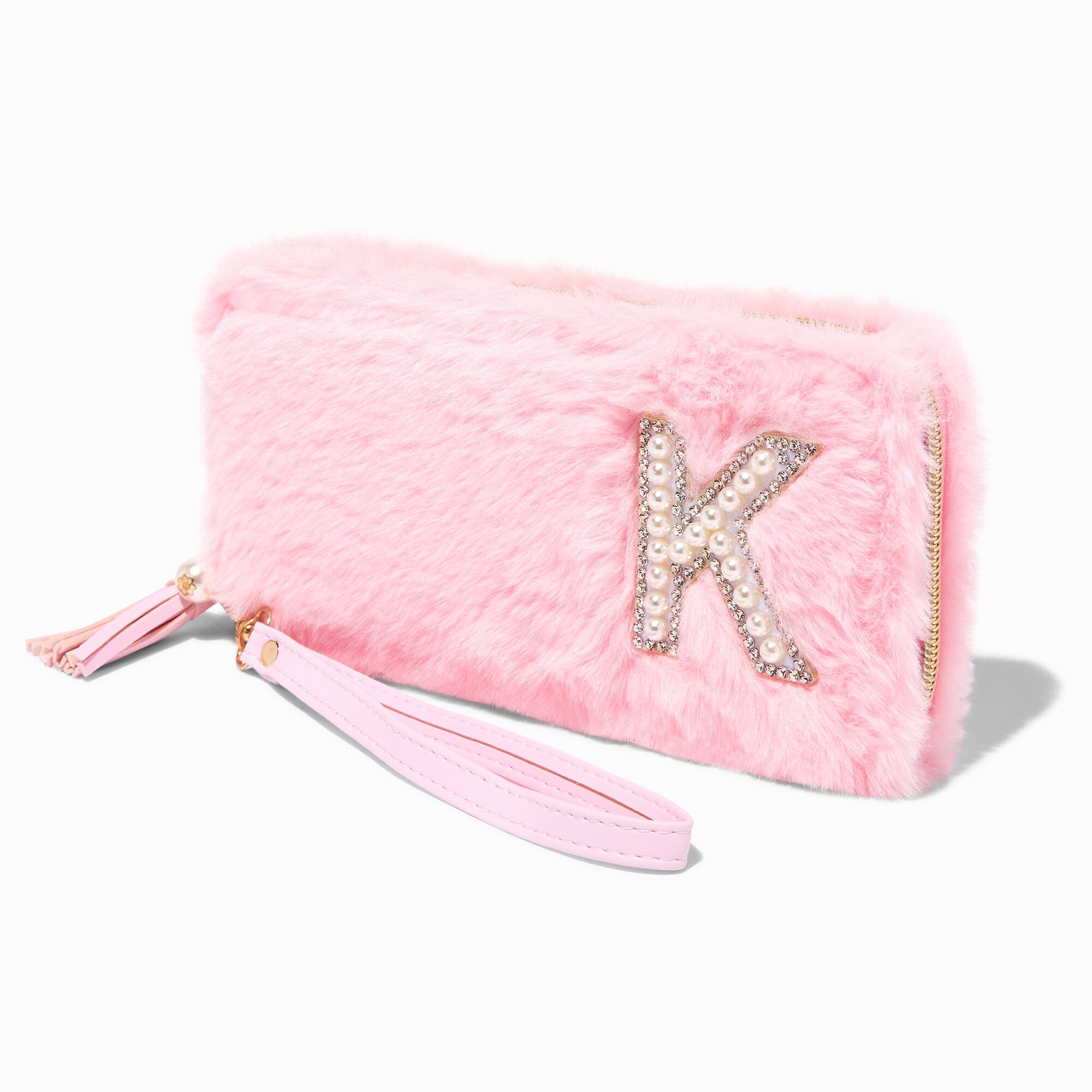 View Claires Furry Pearl Initial Wristlet Wallet K Pink information