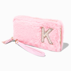 Pink Furry Pearl Initial Wristlet Wallet - K,