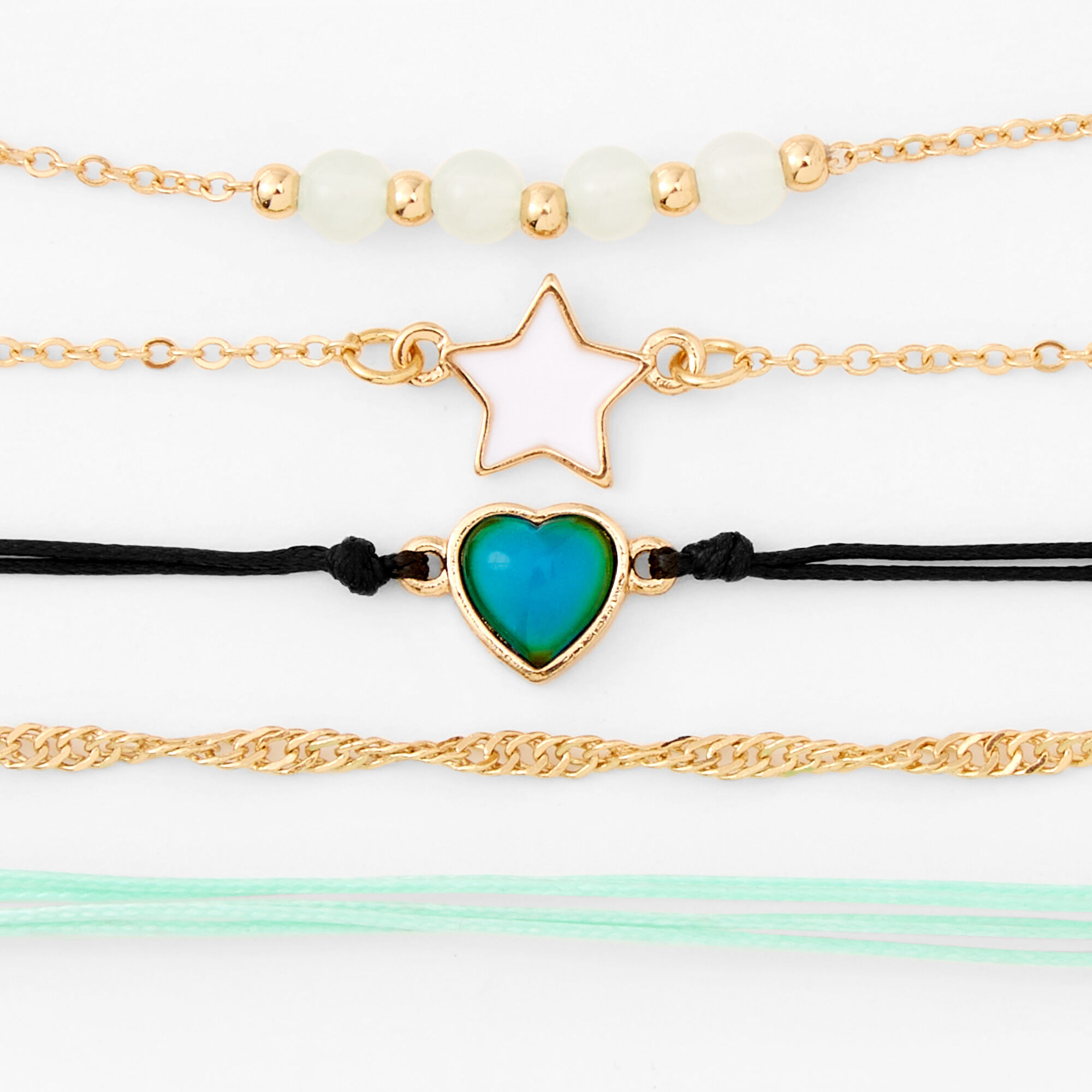 Gold Star Chain & Mood Heart Cord Bracelet Set - 5 Pack,