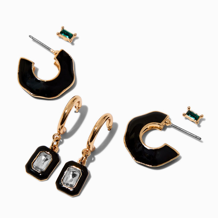 Boucles d&rsquo;oreilles superposables couleur dor&eacute;e noires - Lot de 3,