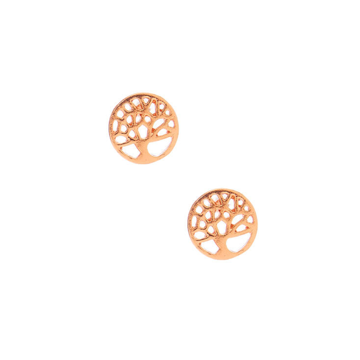18ct Rose Gold Plated Tree Of Life Stud Earrings,