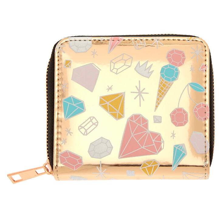 Diamond Doodle Print Mini Zip Wallet - Rose Gold,