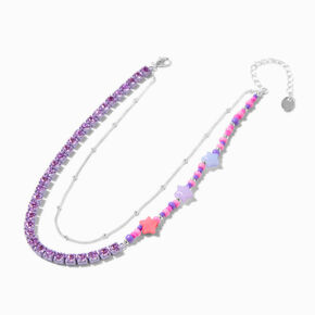Purple Star Beaded Silver-tone Chain Multi-Strand Necklace,