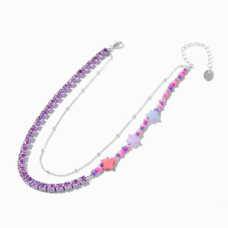 Purple Star Beaded Silver-tone Chain Multi-Strand Necklace,