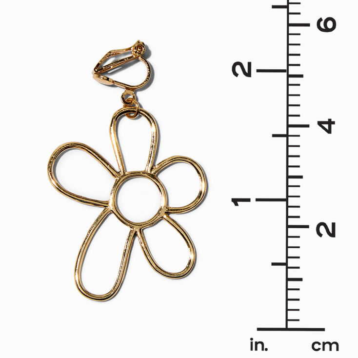 Gold Daisy Outline 1&quot; Clip-On Drop Earrings,