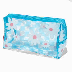 Blue Checkered White Daisy Makeup Bag,
