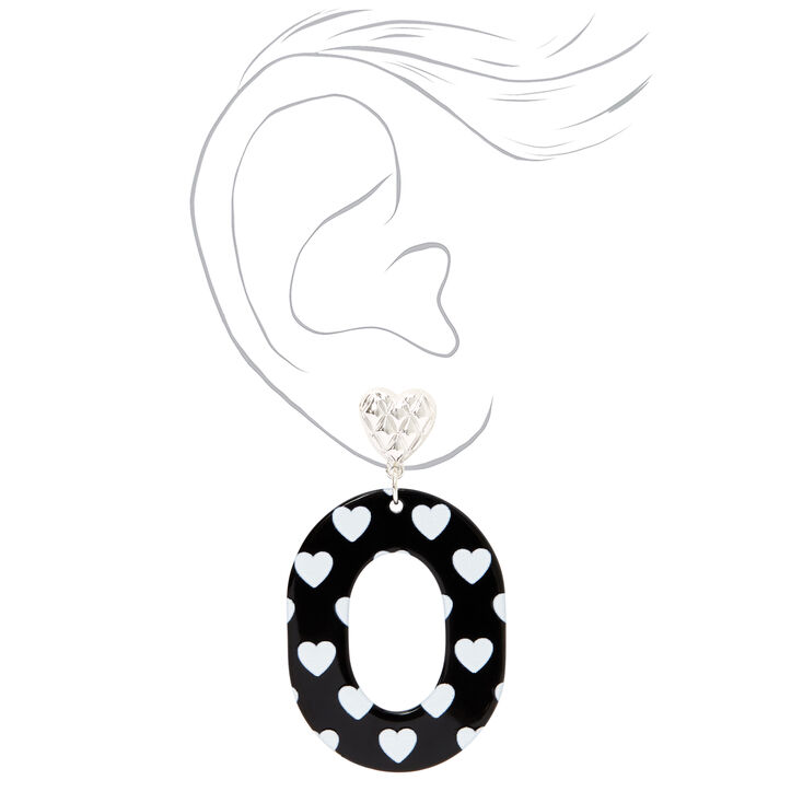 Black Oval Heart Print Drop Earrings,