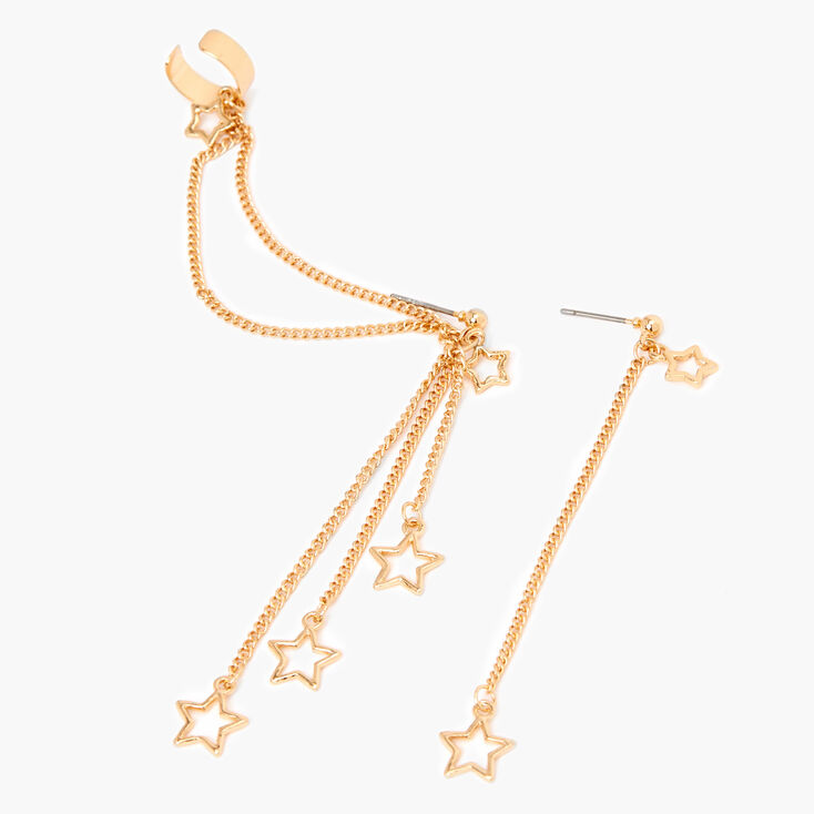 Gold 3&quot; Star Linear Ear Cuff Drop Earrings,