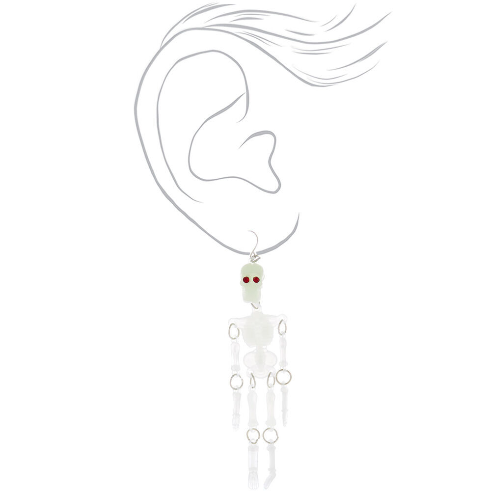 4" Glow In The Dark Dangling Skeleton Drop Earrings - White,