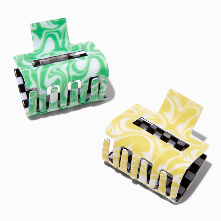 Black Checks Green Swirls Rectangle Hair Claws - 2 Pack,