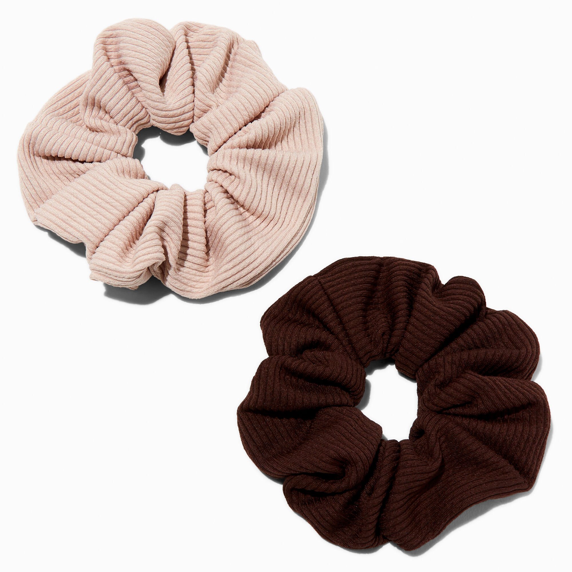 Ivory & Brown Ribbed Hair Scrunchies - 2 Pack,