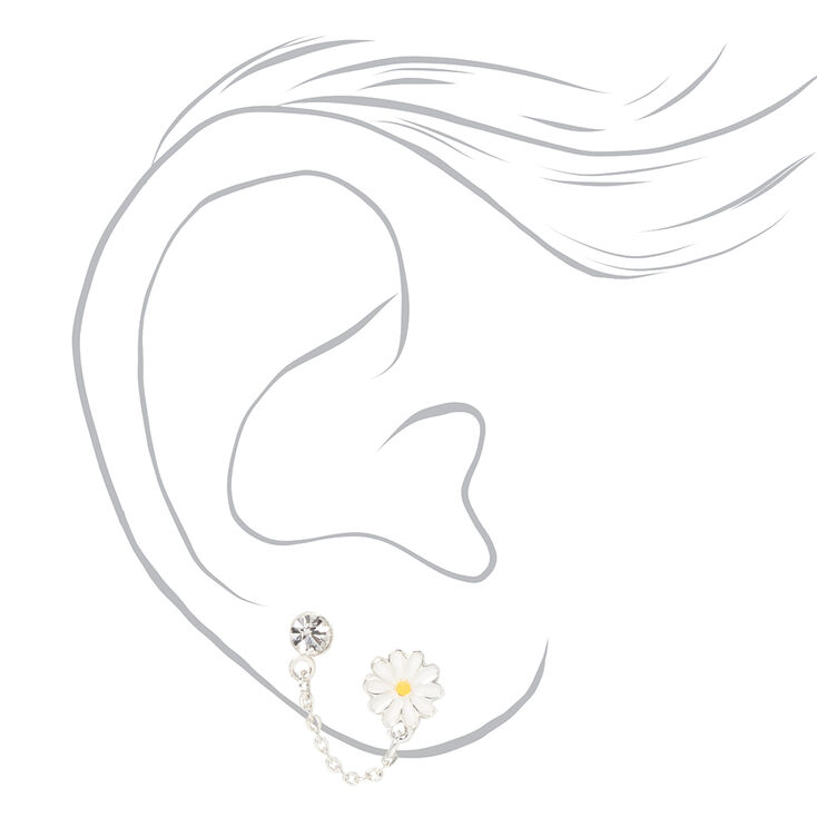 Silver Daisy &amp; Crystal Stud Connector Chain Earrings,