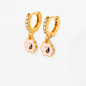 18kt Gold Plated 10MM Pink Yin Yang Daisy Huggie Hoop Earrings,
