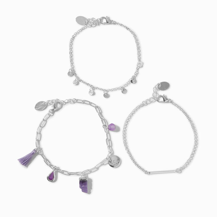Purple Charm Silver Chain Bracelets - 3 Pack,