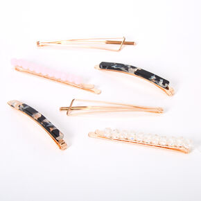 Rose Gold Beaded Tortoiseshell Hair Pins - Pink, 6 Pack,