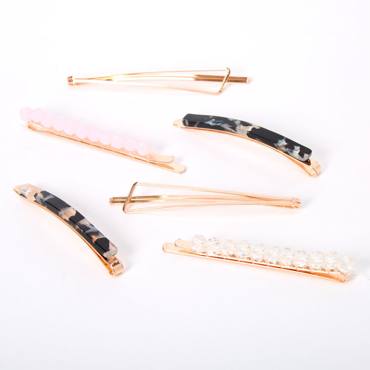 Rose Gold Beaded Tortoiseshell Hair Pins - Pink, 6 Pack,