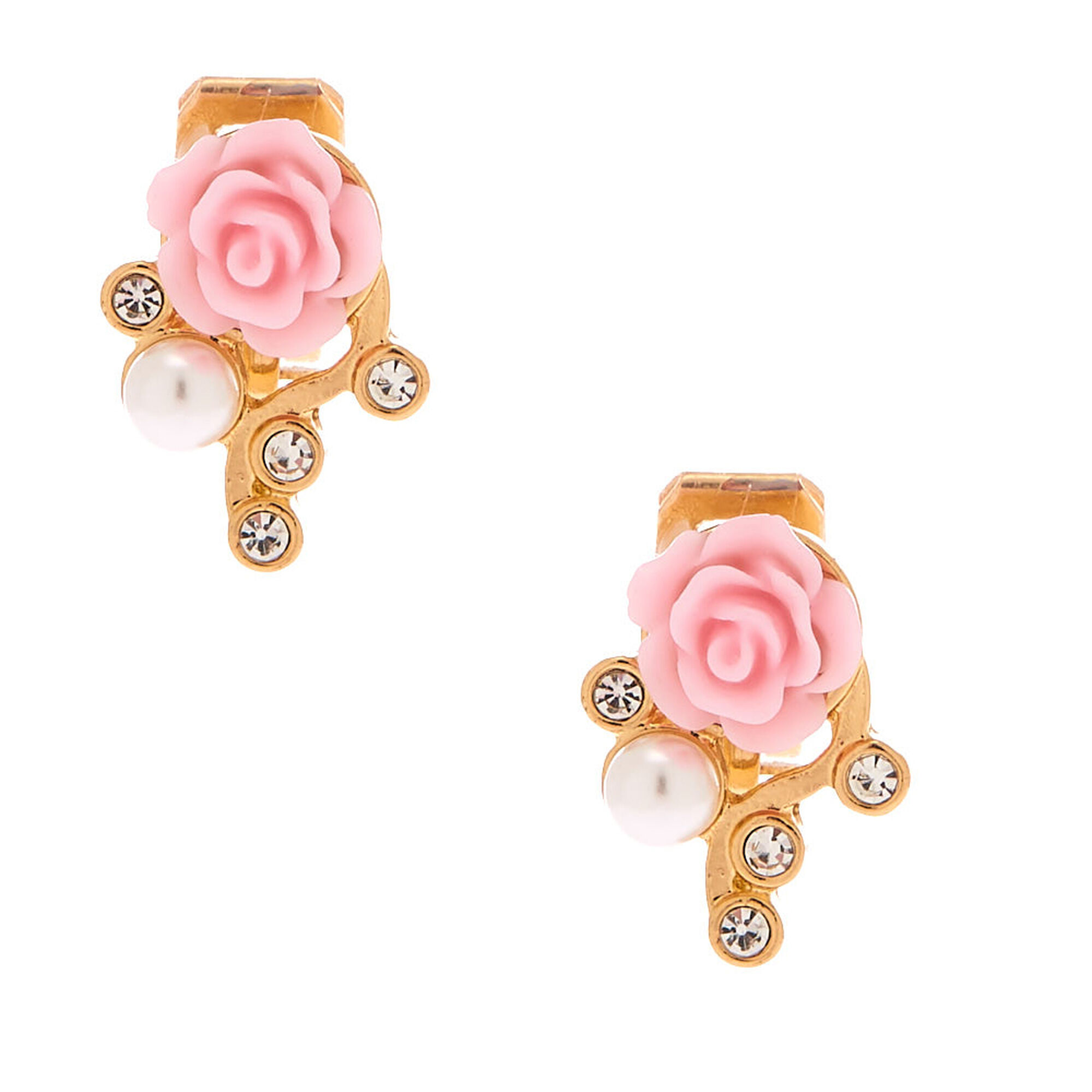 View Claires GoldTone Crystal Rose ClipOn Earrings Pink information