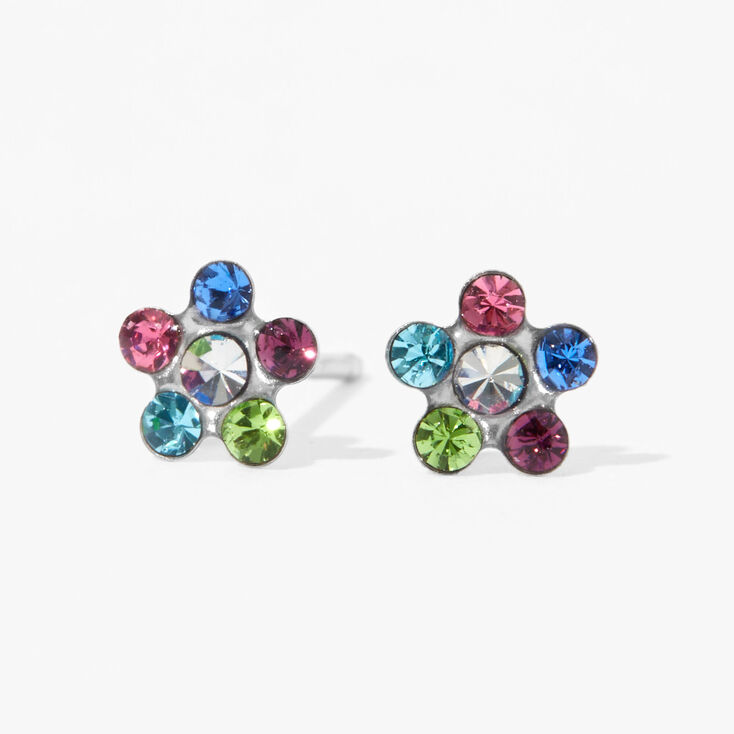 Kit de piercing d&#39;oreilles avec clous d&rsquo;oreilles marguerite en strass arc-en-ciel or 9 carats plaqu&eacute; rhodium avec lotion de soin,