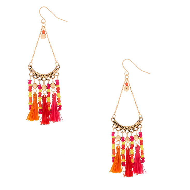 Silver 3&quot; Beaded Tassel Drop Earrings - Orange,