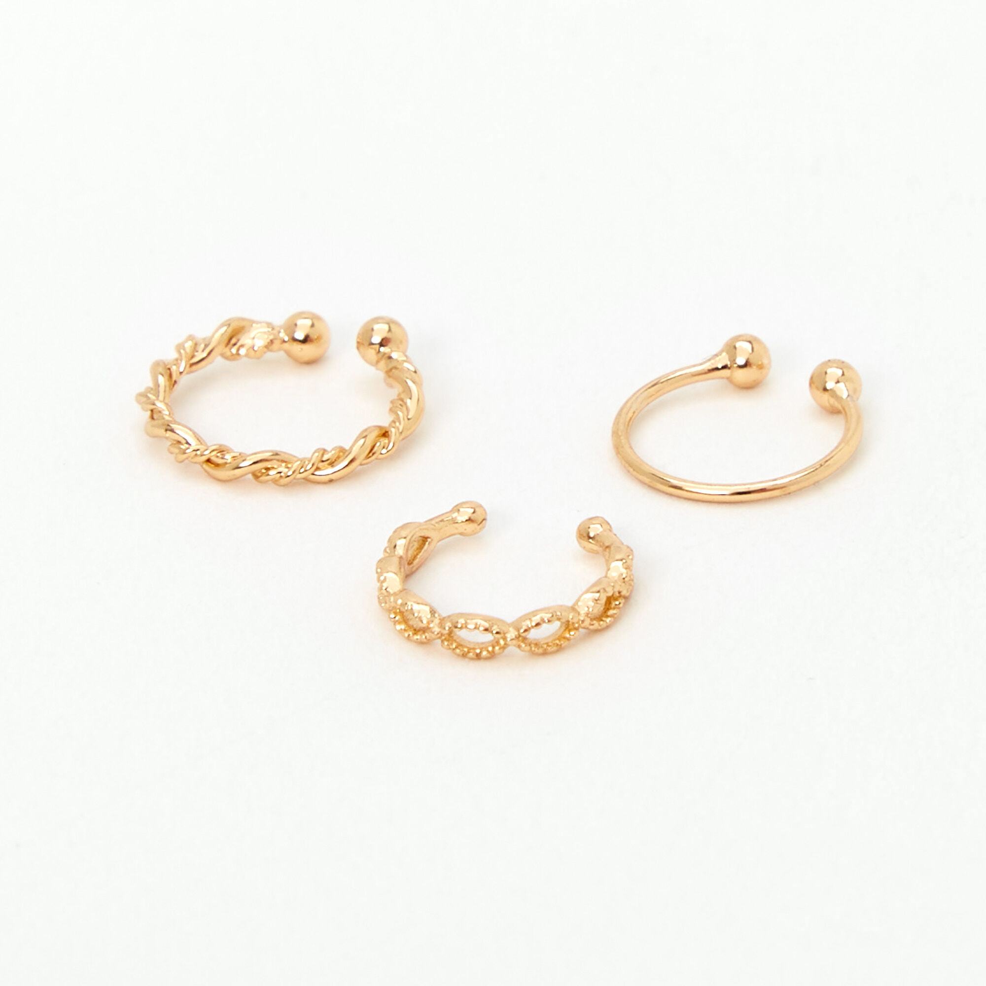 View Claires Tone Braided Hoop Faux Nose Rings 3 Pack Gold information