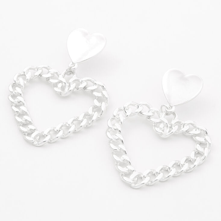 Silver Chain Link Hearts Drop Earrings,