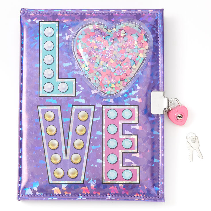 a purple, iridescent journal with a pink, heart shaped lock. the cover of the journal spells out LOVE, with the O being a heart filled with glitter. L is blue, V is lavender, and E is pink.